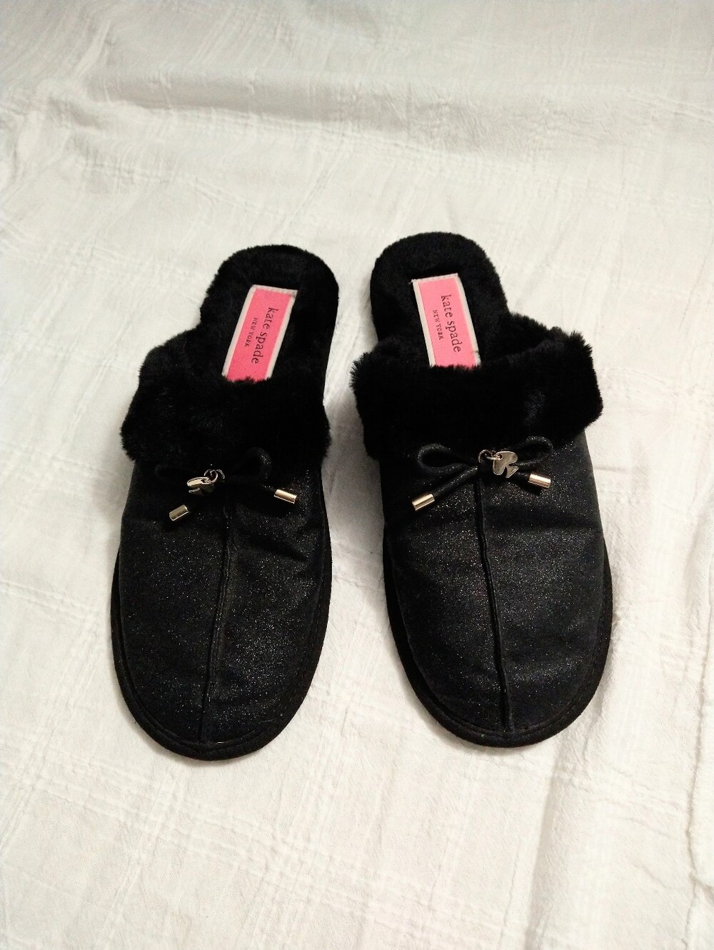 kate spade New York Black Faux-Fur Lined Slip-On House Slippers 8/9
